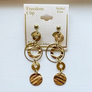 Chic brass gold drop hoop dangly clip-on earrings